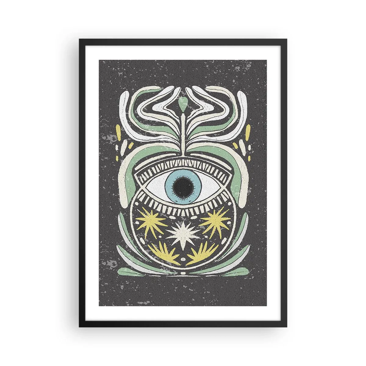 Plakát v černém rámu - Symbolické oko obklopené rostlinnými vzory na tmavém pozadí. - 50x70cm - Kmenové rituály - Moderní nástěnná dekorace do obývacího pokoje a ložnice ARTTOR