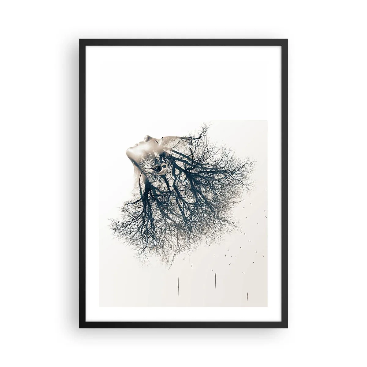 Plakát v černém rámu - Ženská tvář s větvemi tvořícími vlasy v surrealistickém stylu. - 50x70cm - Okouzlená šepotem stromu - Moderní nástěnná dekorace do obývacího pokoje a ložnice ARTTOR