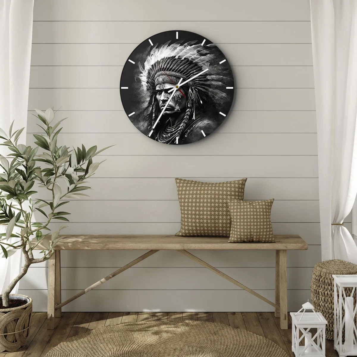 Nástěnné hodiny - Portrét náčelníka s opeřenou čelenkou v monochromatickém stylu - 30x30cm - Vůdce a bojovník - Moderní nástěnná dekorace do obývacího pokoje, kuchyně a ložnice ARTTOR
