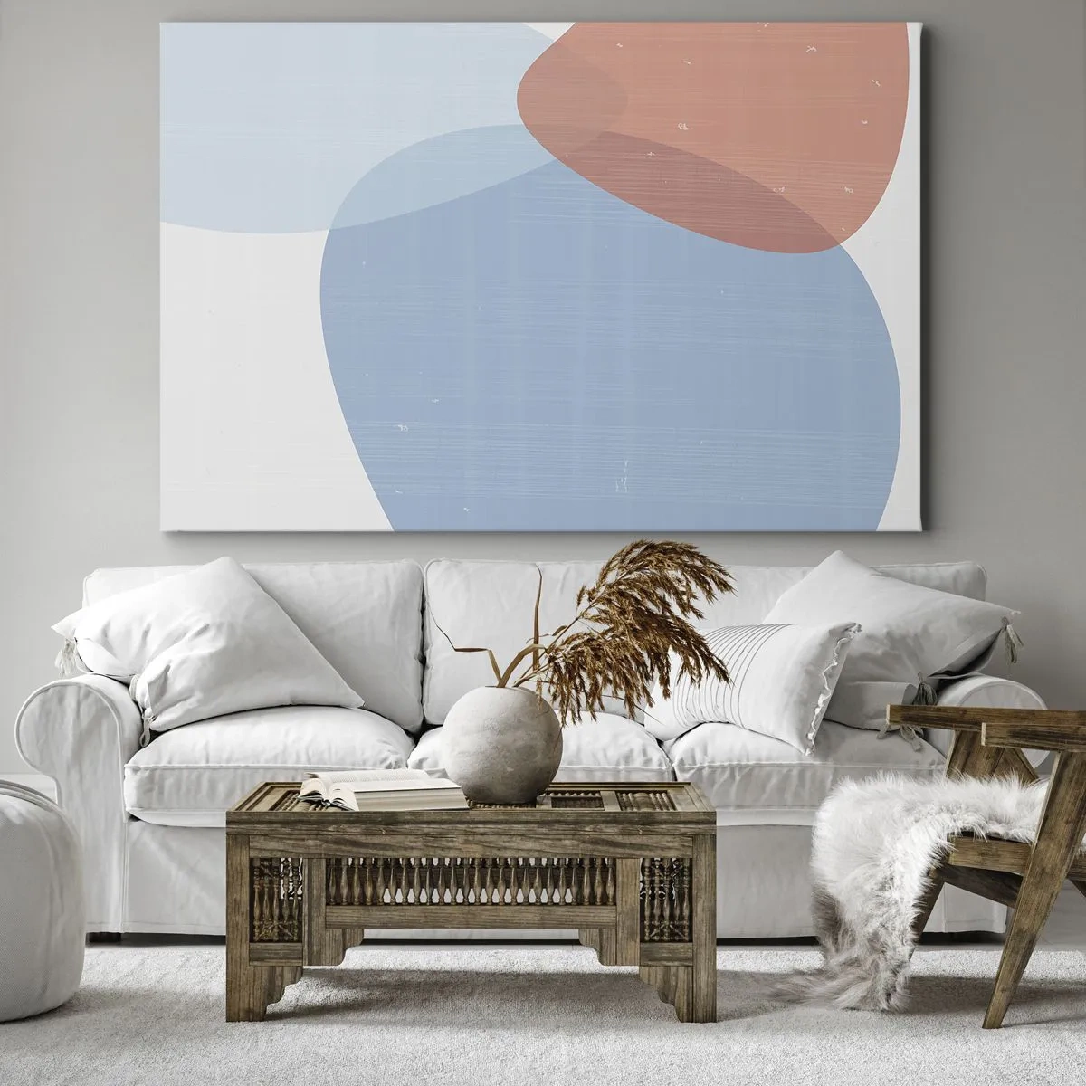 Obraz na plátně - Abstraktní kompozice v pastelových odstínech modré a růžové s organickými tvary. - 70x50cm - Pastelové vztahy - Moderní nástěnná dekorace do obývacího pokoje a ložnice ARTTOR