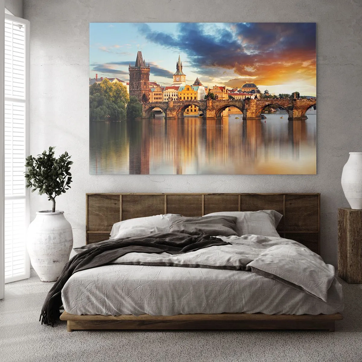 Obraz na skle - Karlův most při západu slunce s malebnými budovami v pozadí - 70x50cm - Krásná od pradávna - Moderní nástěnná dekorace do obývacího pokoje a ložnice ARTTOR