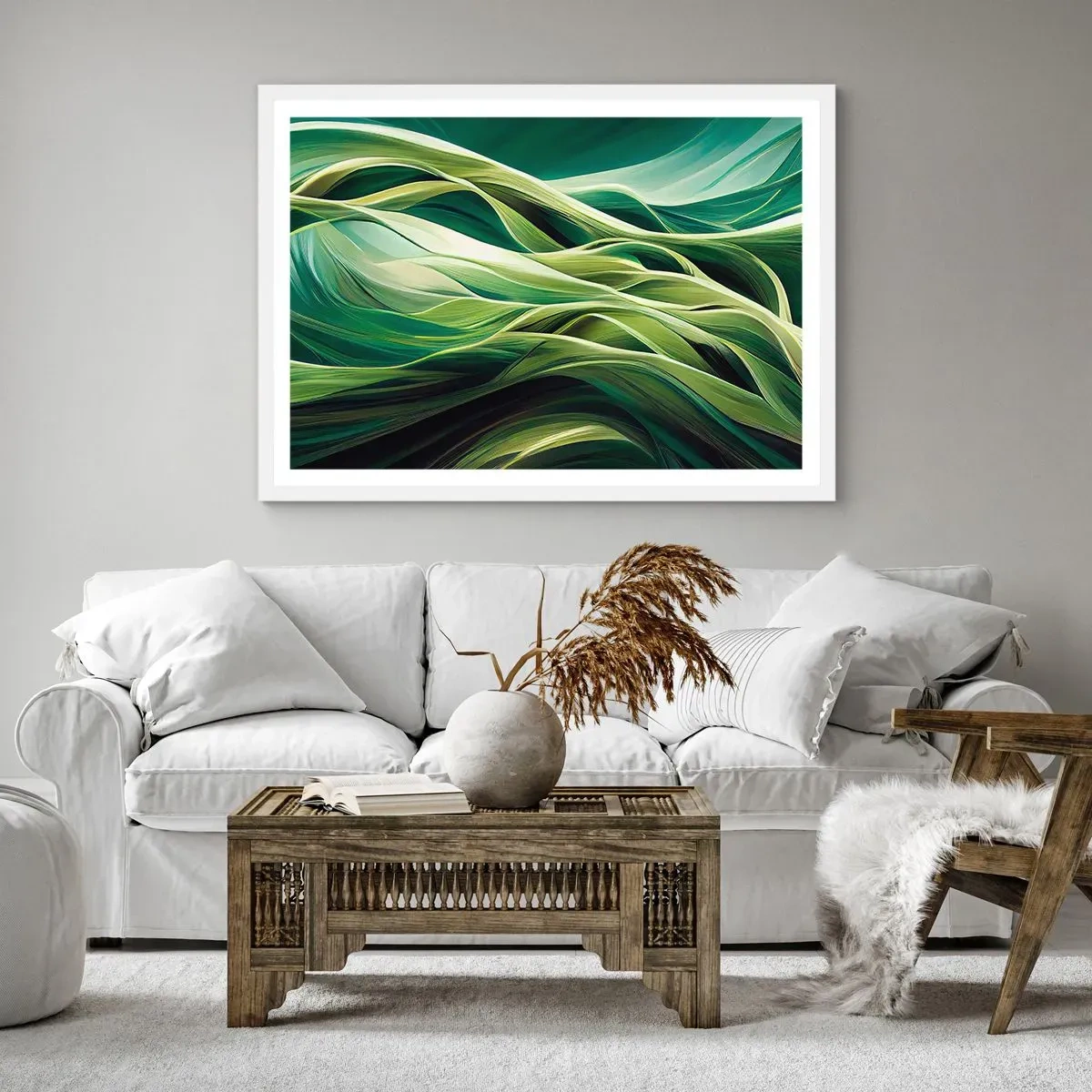 Plakát v bílém rámu - Abstraktní hra na zelenou - 100x70 cm
