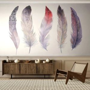 Fototapeta Premium Canvas - Jemné jako různobarevná mlha - Ptačí pírko, Boho, Grafika - 300x210 cm
