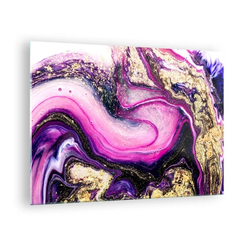 Obraz na skle - Abstraktní kompozice v odstínech fialové a zlaté. - 70x50cm - Okamžik v zákulisí - Moderní nástěnná dekorace do obývacího pokoje a ložnice ARTTOR