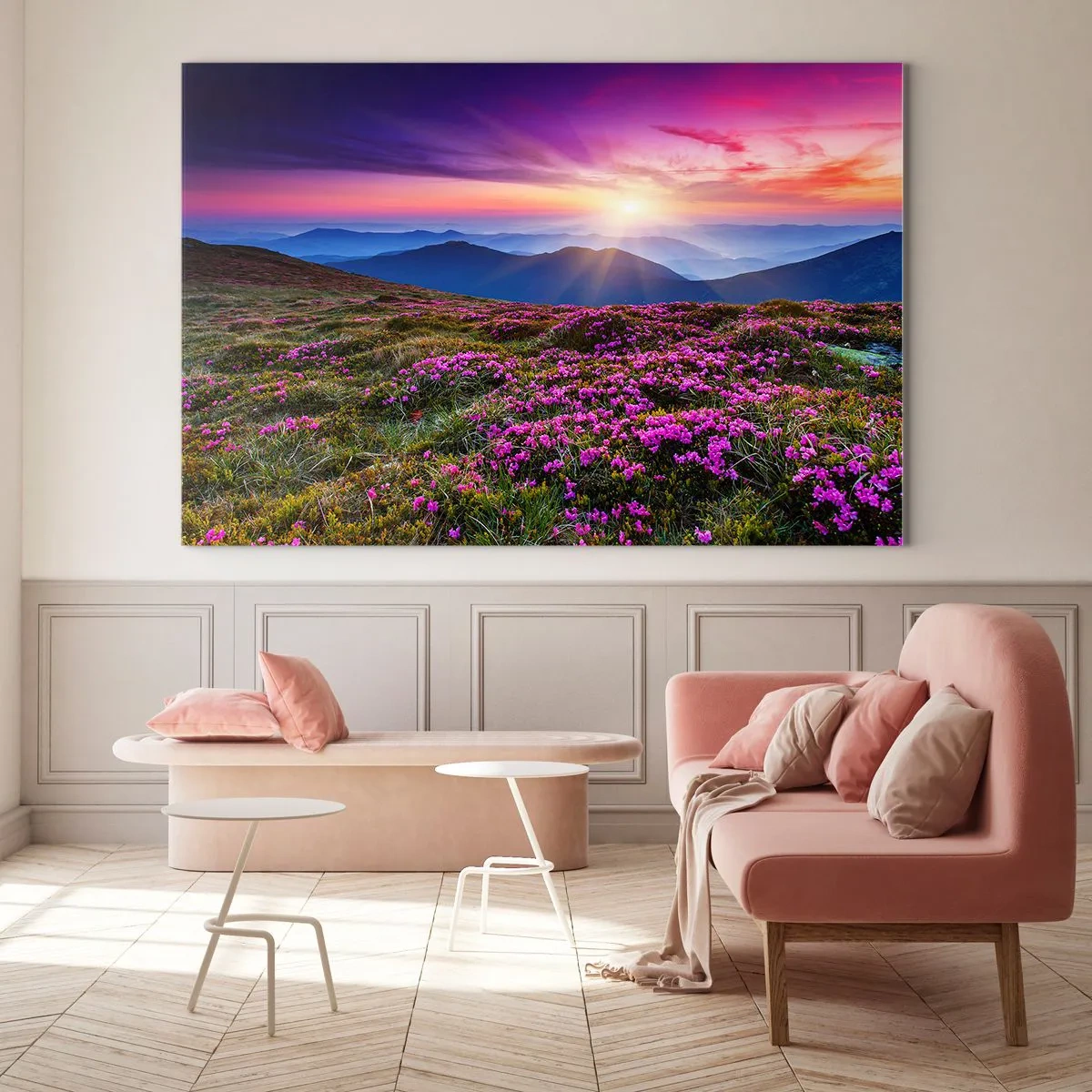 Obraz na skle - Horská krajina s vřesovištěm při západu slunce - 70x50cm - Zavoněly svěží pupeny bylinek z obilných polí - Moderní nástěnná dekorace do obývacího pokoje a ložnice ARTTOR