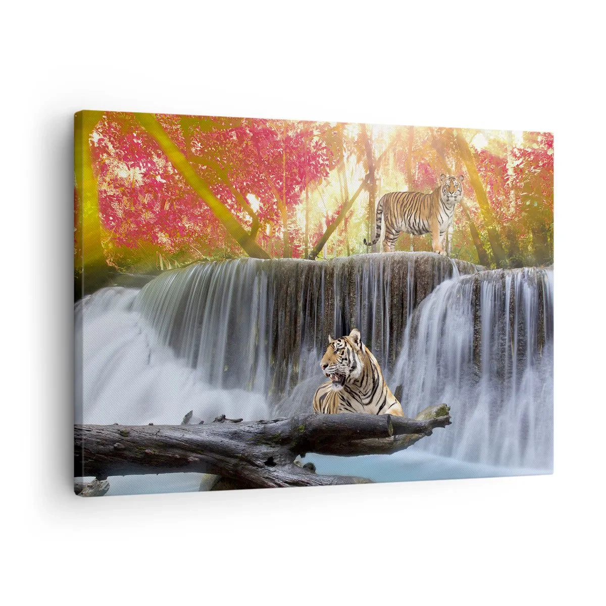 Obraz na plátně - Tygři u vodopádu v podzimním lese - 70x50cm - Surrealistická krajina - Moderní nástěnná dekorace do obývacího pokoje a ložnice ARTTOR