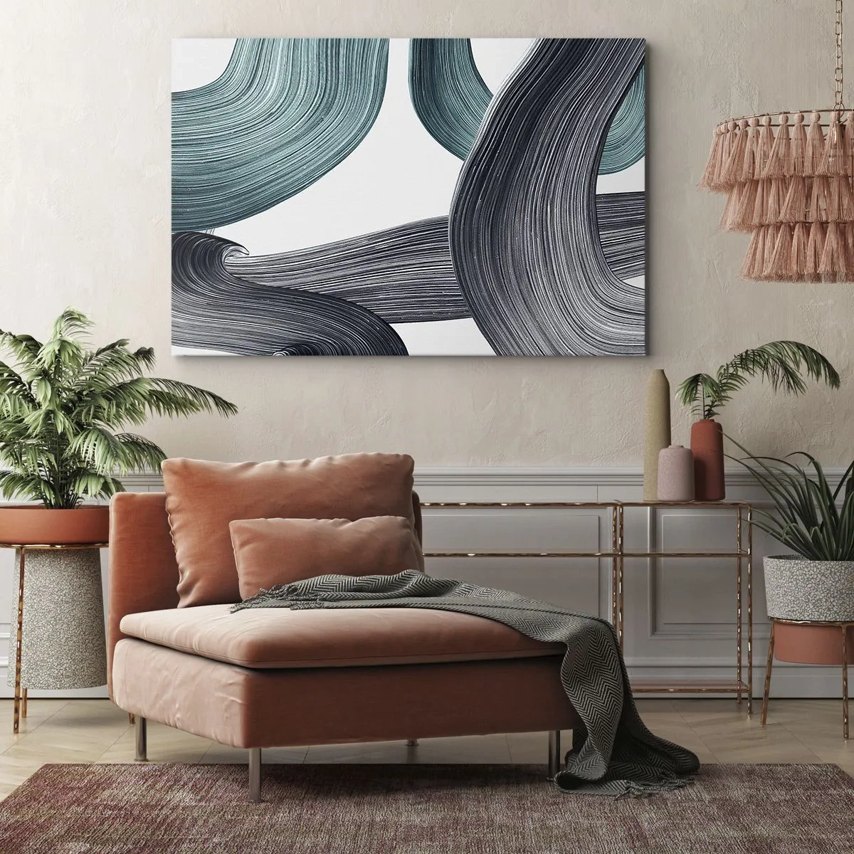 Obraz na plátně - Plynulé abstraktní linie v odstínech zelené a šedé - 70x50cm - Smaragdové a černé vlny - Moderní nástěnná dekorace do obývacího pokoje a ložnice ARTTOR