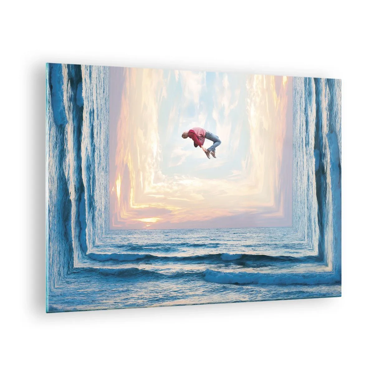 Obraz na skle - Muž skákající přes moře v surrealistickém záběru - 70x50cm - Do jiné dimenze - Moderní nástěnná dekorace do obývacího pokoje a ložnice ARTTOR