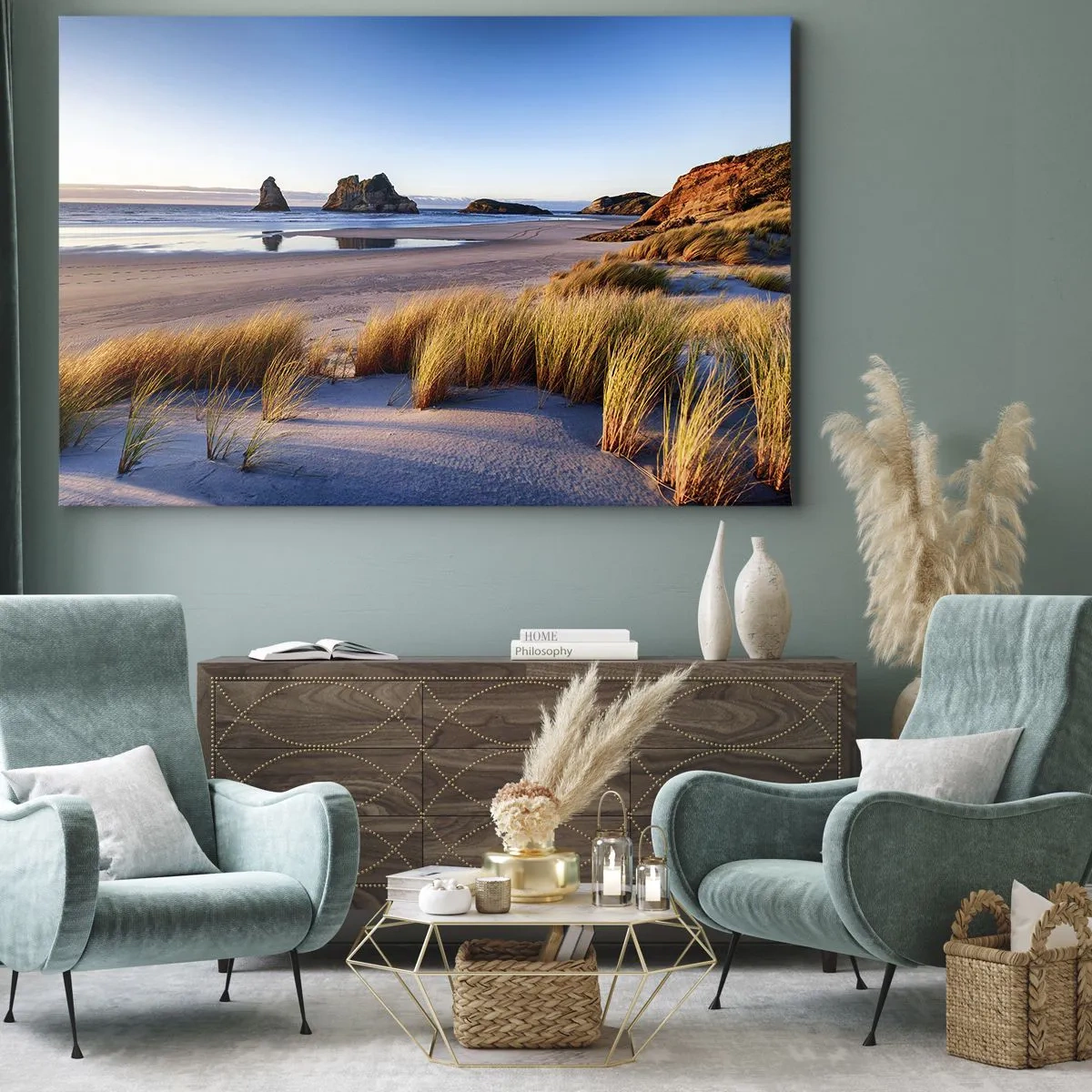 Obraz na plátně - Malebná pláž s výhledem na skály a moře při západu slunce - 70x50cm - Pro hledače klidu - Moderní nástěnná dekorace do obývacího pokoje a ložnice ARTTOR