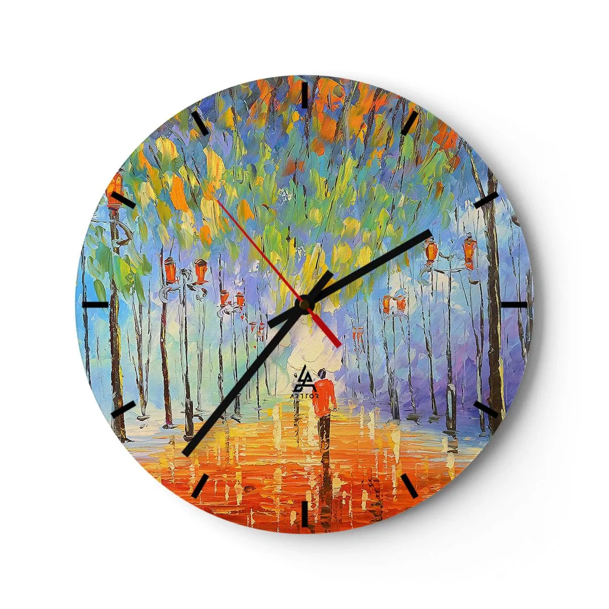 Nástěnné hodiny - Barevná alej se stromy a osobou kráčející v dálce - 30x30cm - Noční píseň deště - Moderní nástěnná dekorace do obývacího pokoje, kuchyně a ložnice ARTTOR