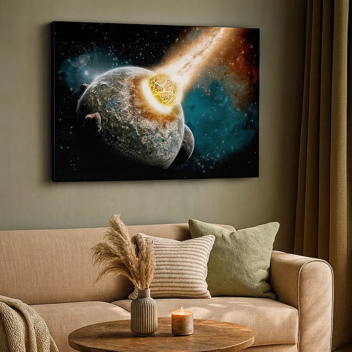 Obraz na plátně - Kosmická srážka planety s asteroidem v blízkosti galaxie. - 70x50cm - Zničení nebo narození? - Moderní nástěnná dekorace do obývacího pokoje a ložnice ARTTOR