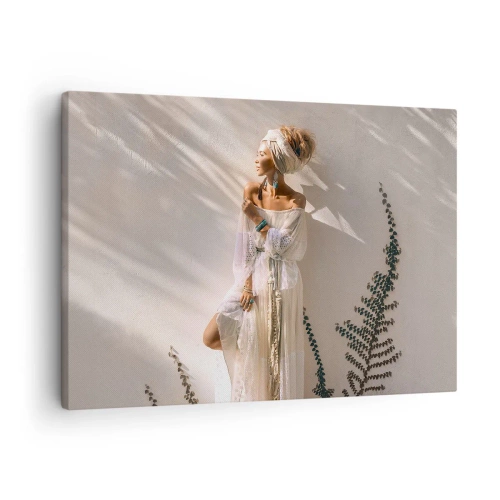 Obraz na plátně - Žena v boho stylu ozářená slunečními paprsky - 70x50cm - Slunce a dívka - Moderní nástěnná dekorace do obývacího pokoje a ložnice ARTTOR