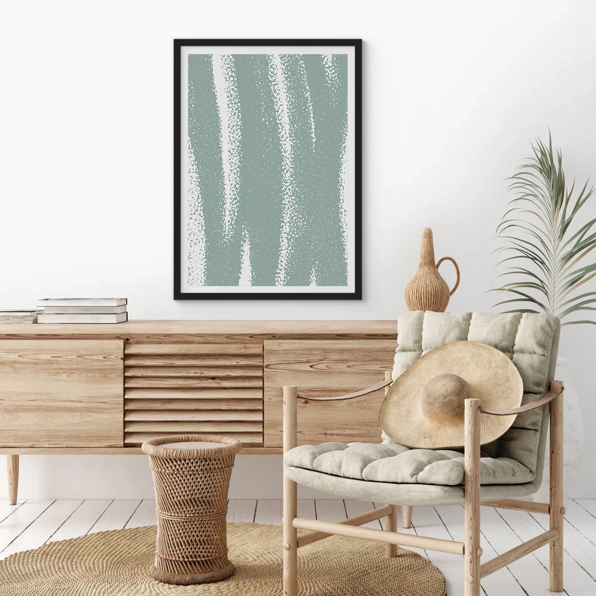 Plakát v černém rámu - Minimalistická kompozice v odstínech zelené a bílé - 50x70cm - Abstrakce v zimním stylu - Moderní nástěnná dekorace do obývacího pokoje a ložnice ARTTOR