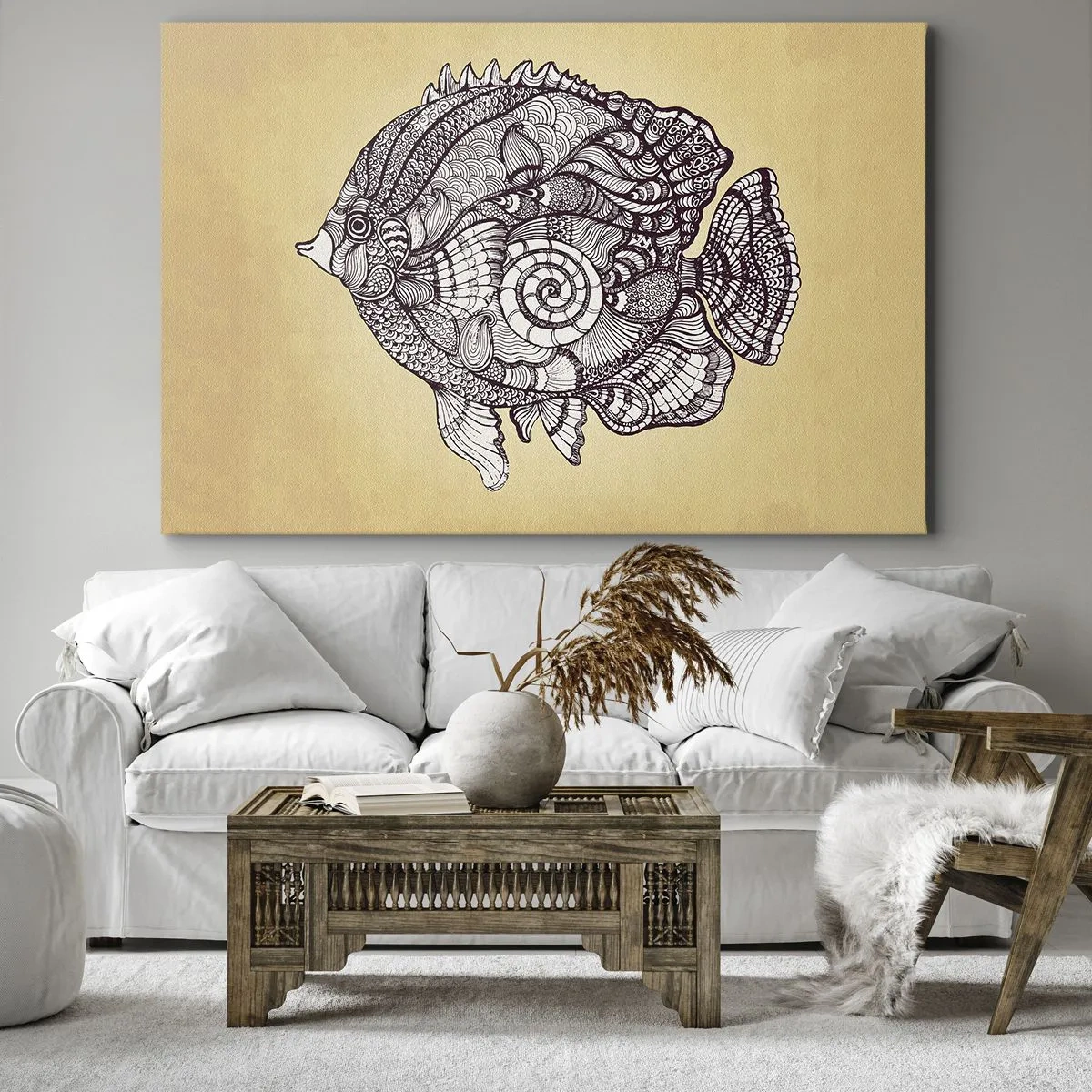 Obraz na plátně - Dekorativní ryby ve stylu kreslení se vzory - 70x50cm - Z oceánu ornamentů - Moderní nástěnná dekorace do obývacího pokoje a ložnice ARTTOR