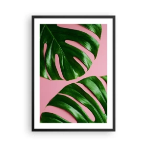 Plakát v černém rámu - Listy monstery na růžovém pozadí v minimalistickém stylu - 50x70cm - Zelené rendez-vous - Moderní nástěnná dekorace do obývacího pokoje a ložnice ARTTOR