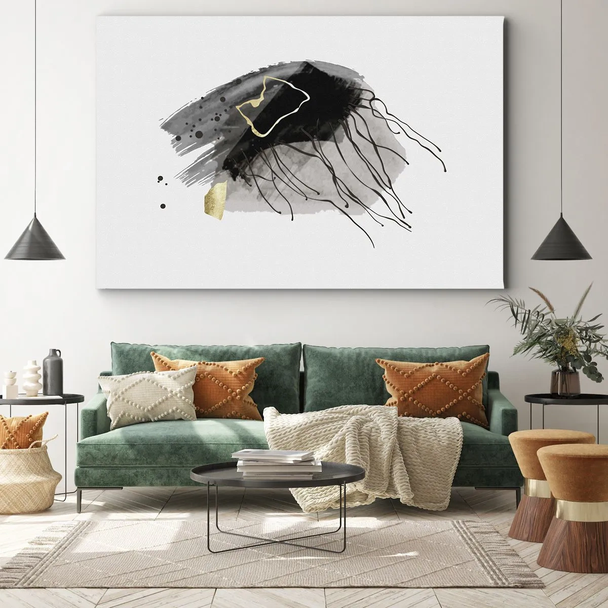 Obraz na plátně - Abstraktní kompozice s akcenty černé a zlaté. - 70x50cm - V černé a zlaté - Moderní nástěnná dekorace do obývacího pokoje a ložnice ARTTOR