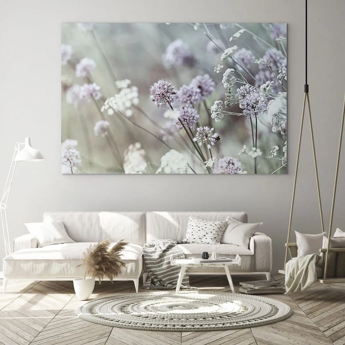 Obraz na skle - Jemné divoké květiny v pastelových odstínech - 70x50cm - Sladké filigrány bylinek - Moderní nástěnná dekorace do obývacího pokoje a ložnice ARTTOR