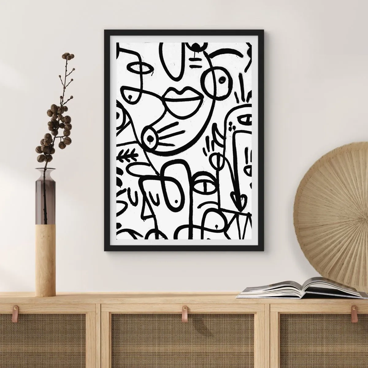 Plakát v černém rámu - Abstraktní černé čáry na bílém pozadí - 50x70cm - Tváře a přeludy - Moderní nástěnná dekorace do obývacího pokoje a ložnice ARTTOR