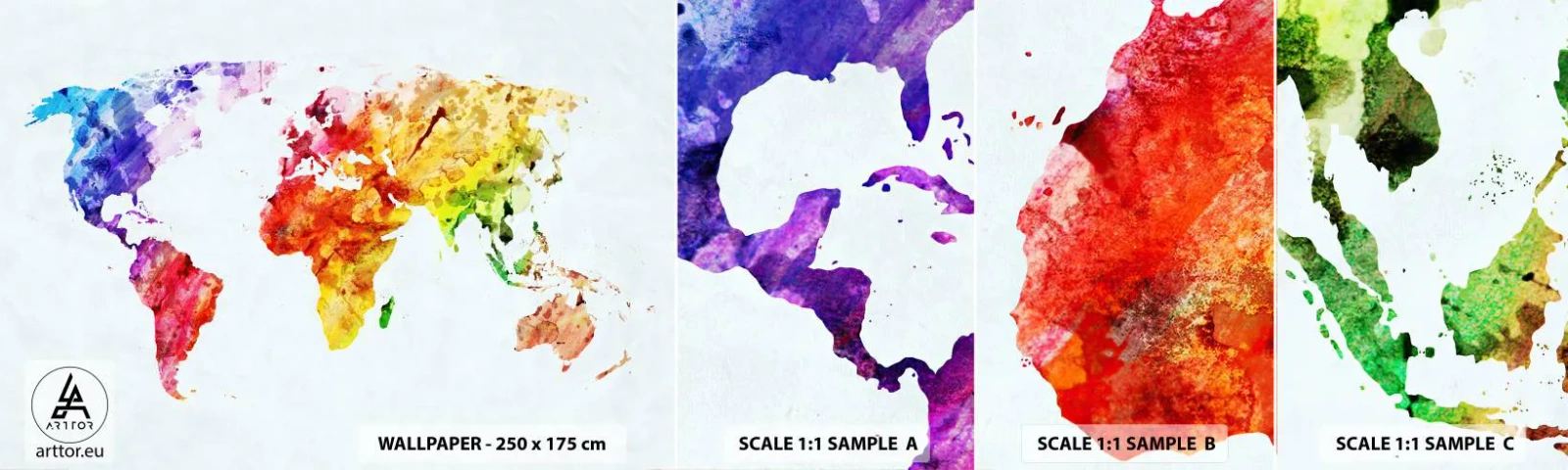 Fototapeta Vzorek Standard Eco - Všechny barvy světa - Mapa světa, Grafika, Kontinenty - 100x30 cm