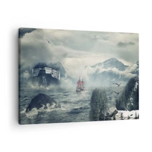 Obraz na plátně - Tajemná krajina s hradem, horami a lodí - 70x50cm - V kouzelných vodách - Moderní nástěnná dekorace do obývacího pokoje a ložnice ARTTOR