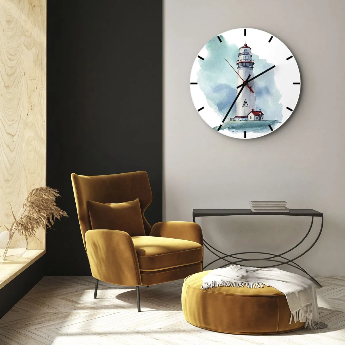 Nástěnné hodiny - Akvarelový maják v klidných mořských tónech - 30x30cm - Něžná sestra blankytu - Moderní nástěnná dekorace do obývacího pokoje, kuchyně a ložnice ARTTOR