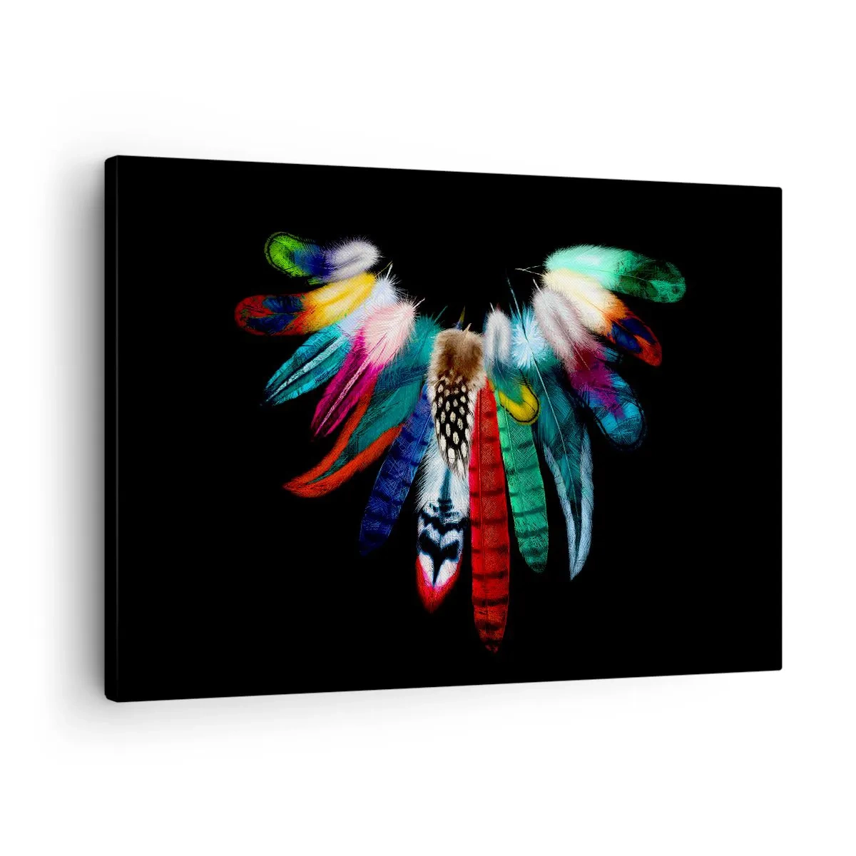 Obraz na plátně - Barevné peří na černém pozadí v umělecké kompozici - 70x50cm - Indiánský náhrdelník - Moderní nástěnná dekorace do obývacího pokoje a ložnice ARTTOR