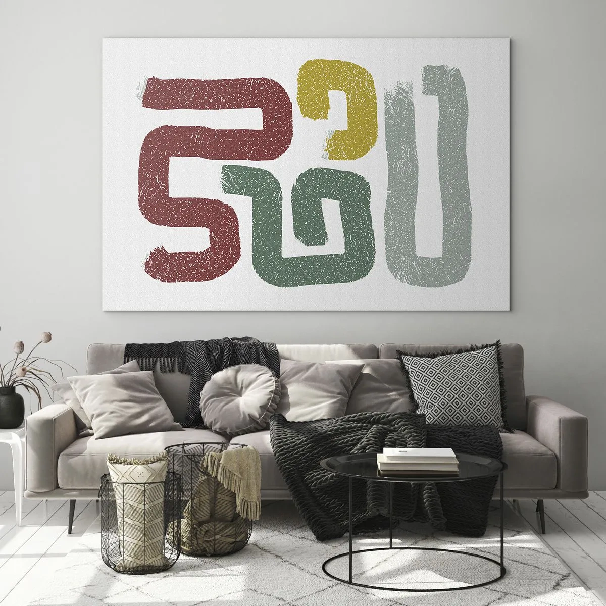 Obraz na skle - Barevné abstraktní znaky na bílém pozadí - 70x50cm - V neznámém jazyce - Moderní nástěnná dekorace do obývacího pokoje a ložnice ARTTOR