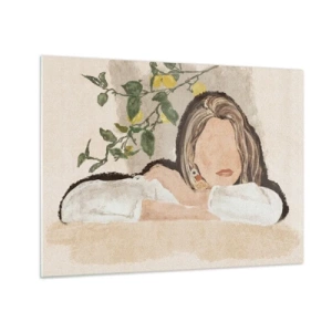 Obraz na skle - Žena opřená o stůl mezi větvemi citroníku, její tvář byla bezvýrazná. - 70x50cm - Krasavice z jihu - Moderní nástěnná dekorace do obývacího pokoje a ložnice ARTTOR