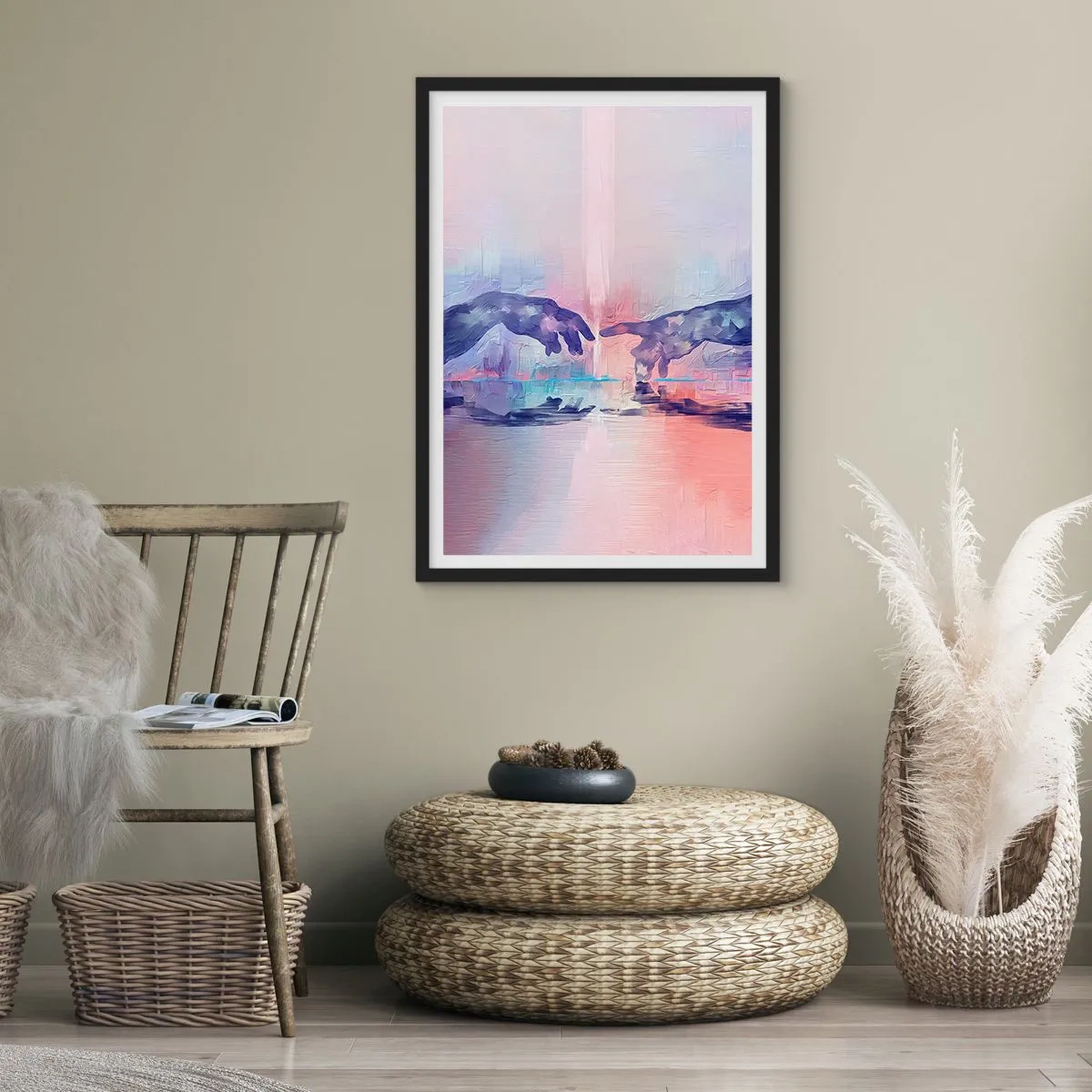 Plakát v černém rámu - Abstraktní ruce v pastelových barvách - 50x70cm - Božská jiskra života - Moderní nástěnná dekorace do obývacího pokoje a ložnice ARTTOR