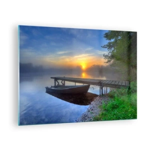 Obraz na skle - Loď na molu při východu slunce na jezeře - 70x50cm - Jak se obyčejné mění na kouzelné - Moderní nástěnná dekorace do obývacího pokoje a ložnice ARTTOR