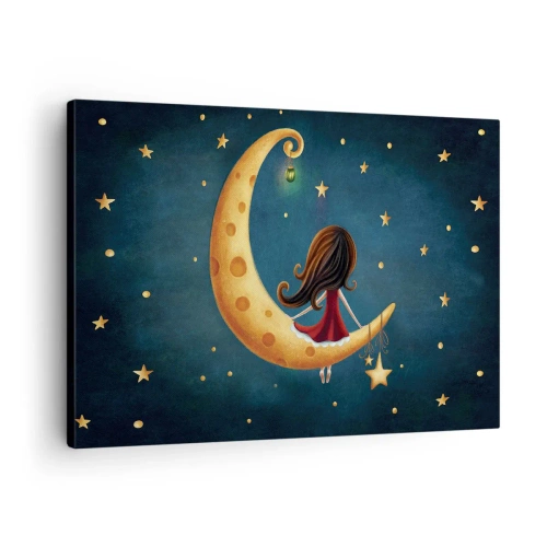 Obraz na plátně - Dívka na Měsíci obklopená hvězdami - 70x50cm - Kdysi dávno… - Moderní nástěnná dekorace do obývacího pokoje a ložnice ARTTOR