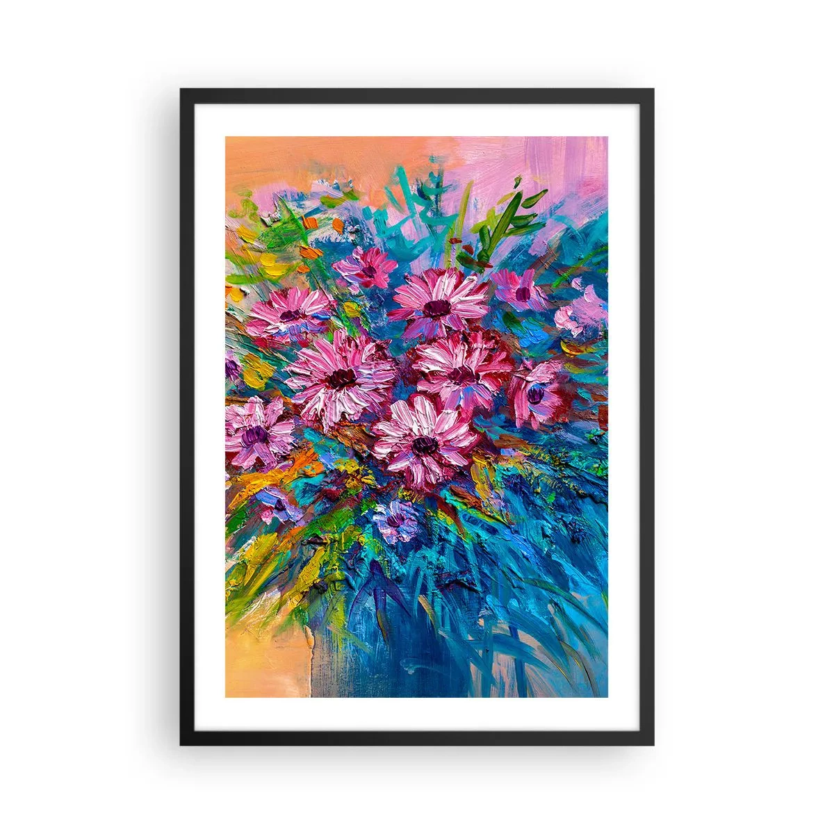 Plakát v černém rámu - Kytice intenzivně barevných květin na abstraktním pozadí - 50x70cm - Energie života - Moderní nástěnná dekorace do obývacího pokoje a ložnice ARTTOR