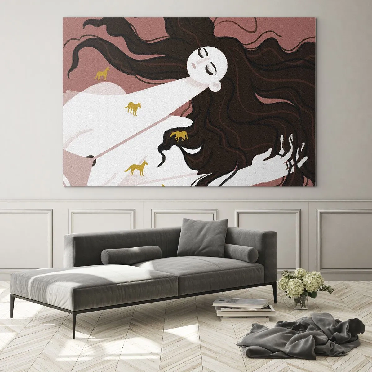 Obraz na skle - Žena s dlouhými vlasy a zlatými koňmi na růžovém pozadí. - 70x50cm - Sen o zlatém koni - Moderní nástěnná dekorace do obývacího pokoje a ložnice ARTTOR