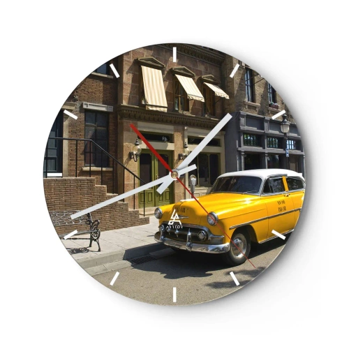 Nástěnné hodiny - Žluté taxi před stylovou budovou - 30x30cm - Kdysi dávno v Americe - Moderní nástěnná dekorace do obývacího pokoje, kuchyně a ložnice ARTTOR