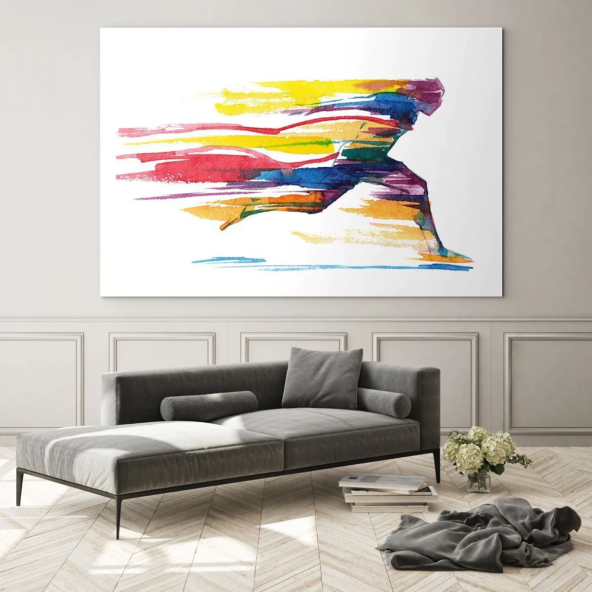 Obraz na skle - Abstraktní silueta běžce v dynamických barvách - 70x50cm - Duhový běh - Moderní nástěnná dekorace do obývacího pokoje a ložnice ARTTOR