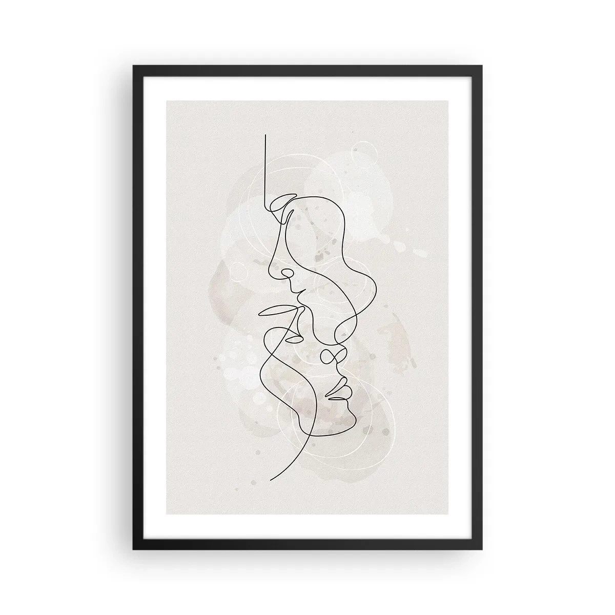 Plakát v černém rámu - Minimalistický obličejový design vytvořený jednou linií - 50x70cm - Zamotaní v objetí - Moderní nástěnná dekorace do obývacího pokoje a ložnice ARTTOR