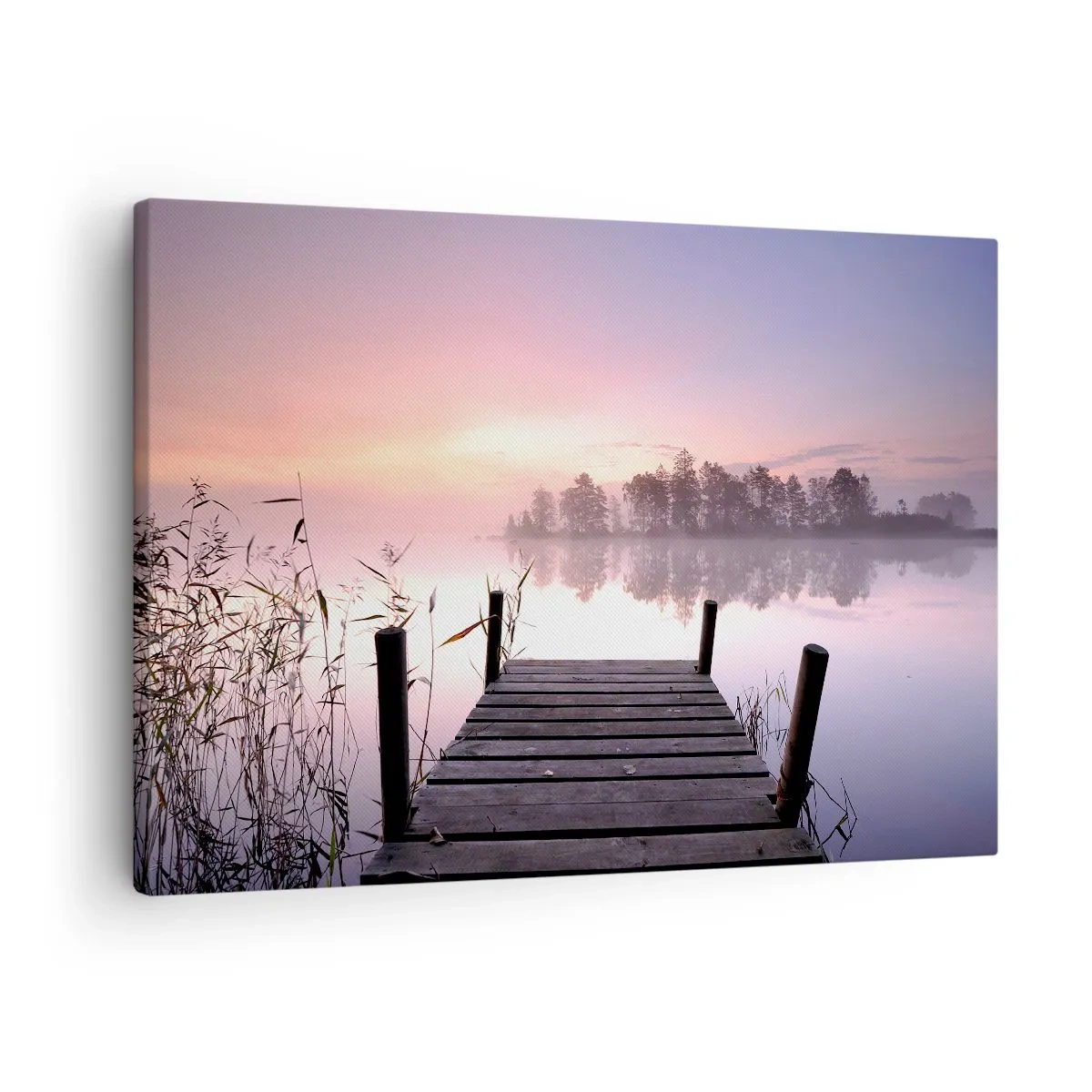 Obraz na plátně - Molo u jezera za úsvitu s mlhou a pastelovou oblohou - 70x50cm - Z liliové mlhy… - Moderní nástěnná dekorace do obývacího pokoje a ložnice ARTTOR