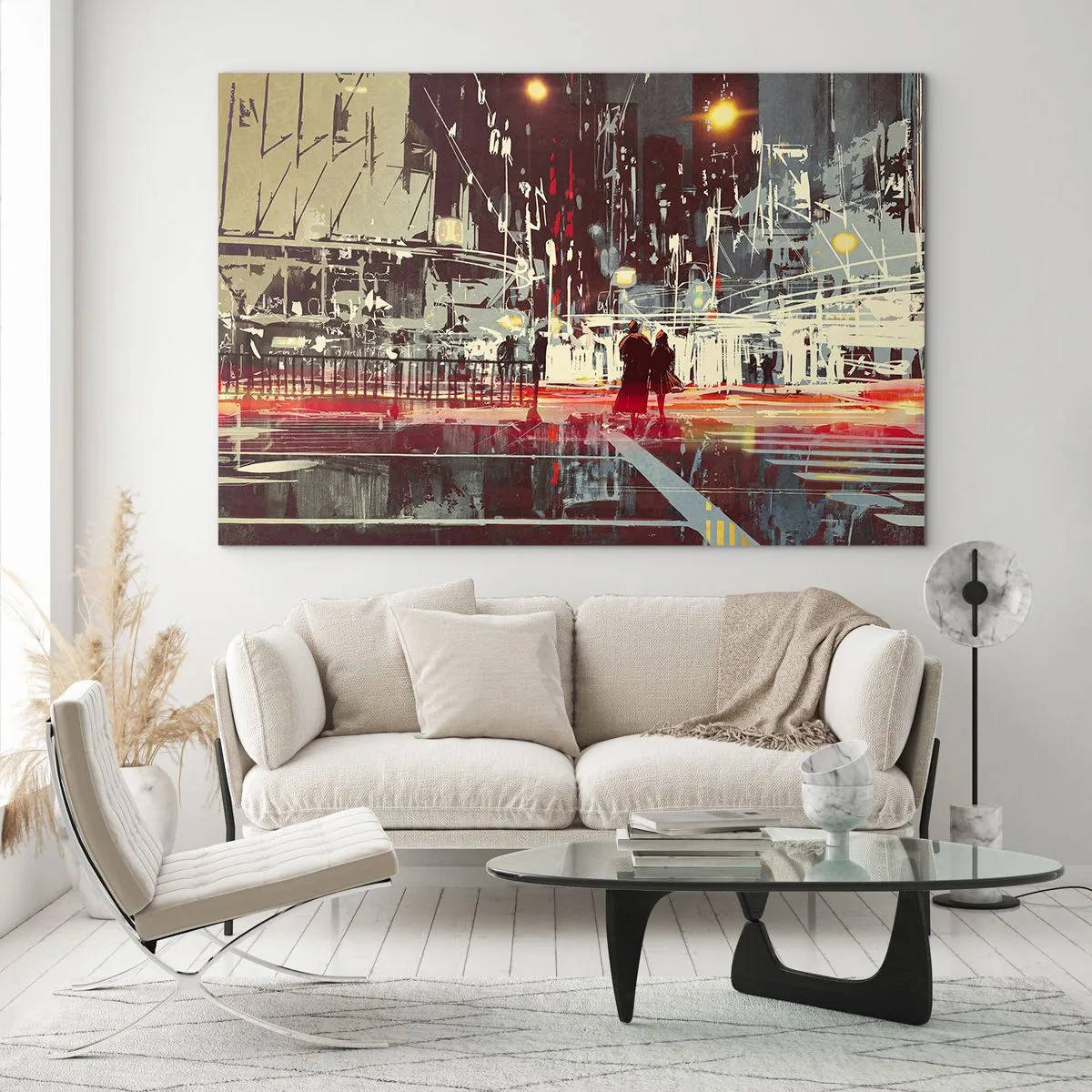 Obraz na skle - Noční městská krajina s neonovými světly a siluetami kolemjdoucích - 70x50cm - Velkoměstská doprava - Moderní nástěnná dekorace do obývacího pokoje a ložnice ARTTOR