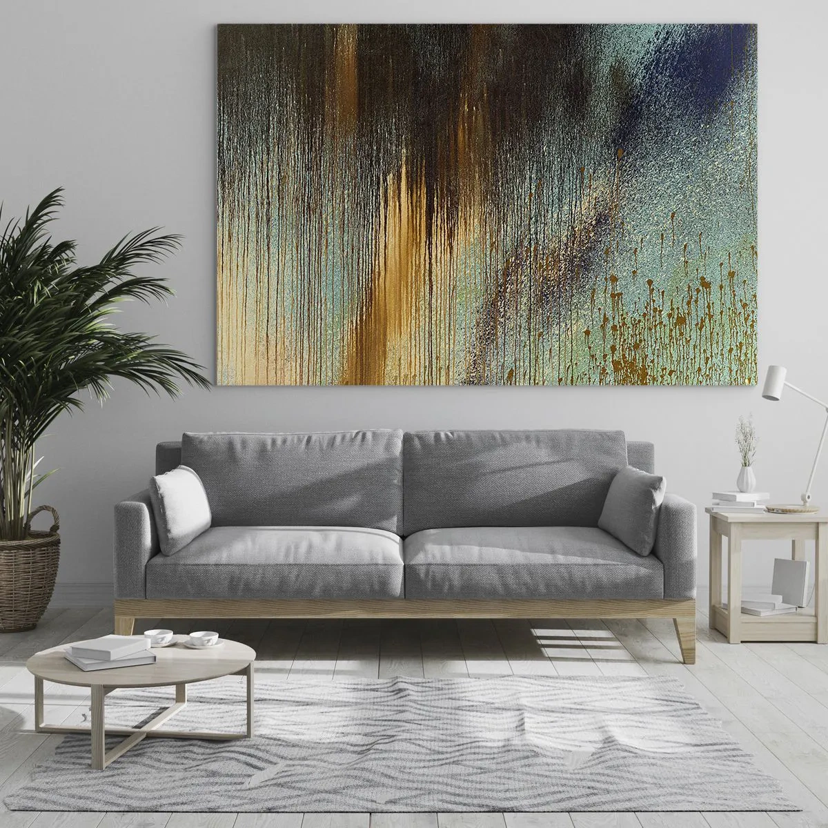 Obraz na skle - Abstraktní čáry a skvrny ve zlaté, modré a černé barvě - 70x50cm - Nenáhodná barevná kompozice - Moderní nástěnná dekorace do obývacího pokoje a ložnice ARTTOR