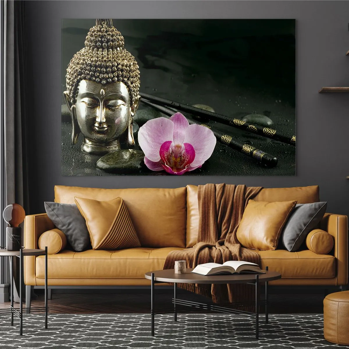 Obraz na skle - Buddhistická hlava s růžovým květem na pozadí kamenů - 70x50cm - Soulad moudrosti a krásy - Moderní nástěnná dekorace do obývacího pokoje a ložnice ARTTOR
