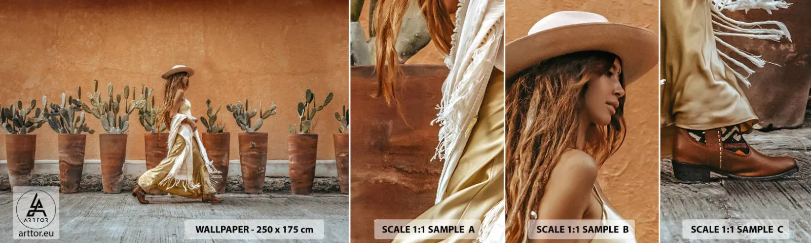 Fototapeta Vzorek Standard Eco - V hippie stylu - Boho, Žena, Kaktusy - 100x30 cm