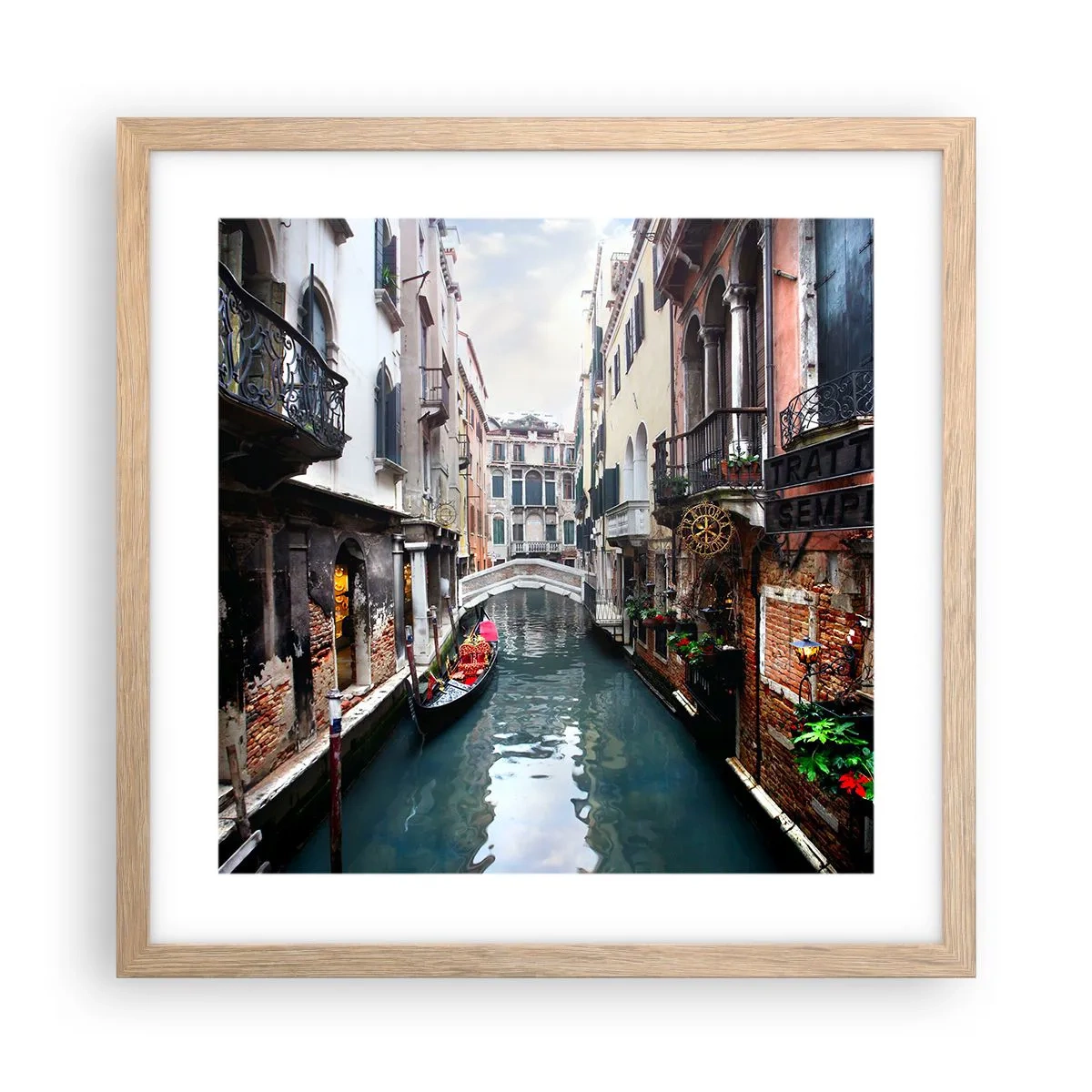 Plakát v rámu světlý dub - Benátská krajina s gondolou a můstkem - 40x40 cm