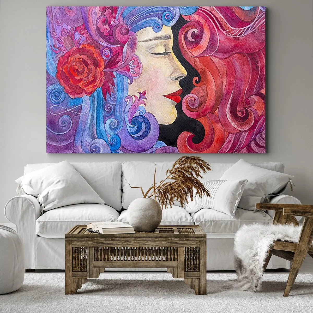 Obraz na plátně - Barevný profil ženy v uměleckém stylu - 70x50cm - Secese stále živá - Moderní nástěnná dekorace do obývacího pokoje a ložnice ARTTOR