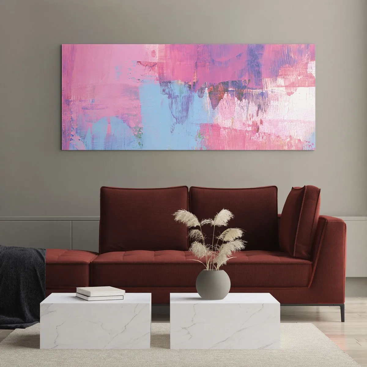 Obraz na skle - Růžová, modrá a špetka světla - 100x40 cm