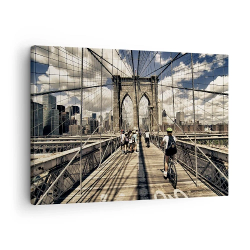 Obraz na plátně - Brooklynský most s výhledem na chodce a cyklisty - 70x50cm - Přímo do srdce města - Moderní nástěnná dekorace do obývacího pokoje a ložnice ARTTOR