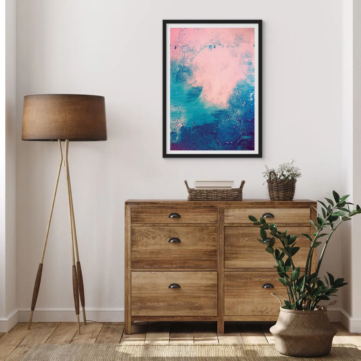 Plakát v černém rámu - Abstraktní kompozice v modrých a růžových odstínech - 50x70cm - Modrá objetí - Moderní nástěnná dekorace do obývacího pokoje a ložnice ARTTOR