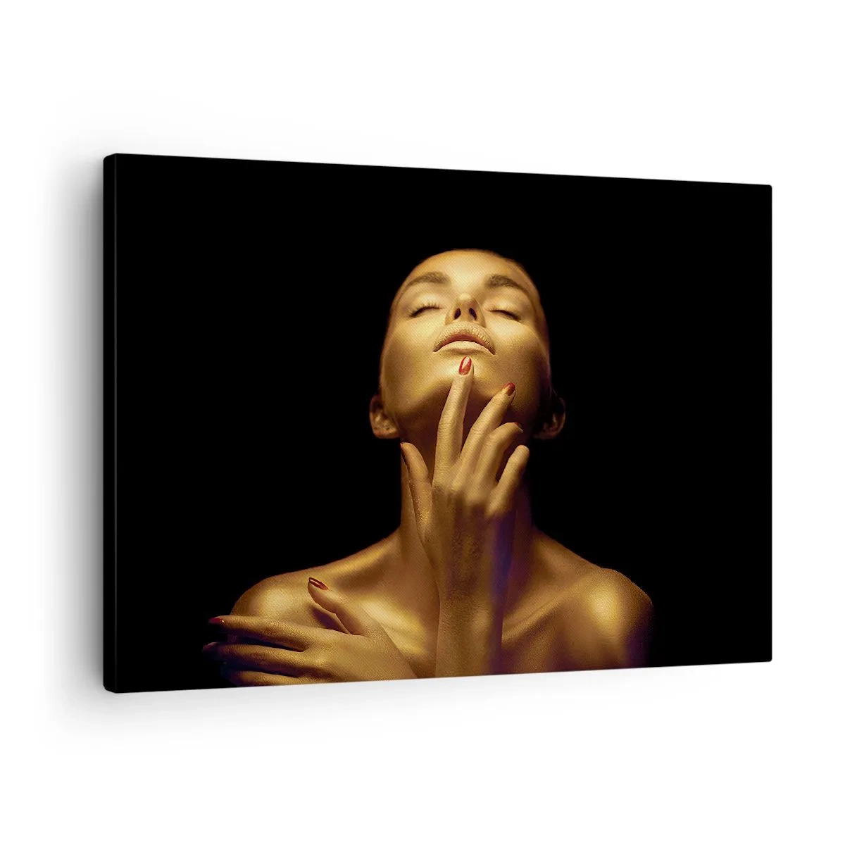 Obraz na plátně - Portrét ženy ve zlaté záři na černém pozadí - 70x50cm - Jako zlaté hedvábí - Moderní nástěnná dekorace do obývacího pokoje a ložnice ARTTOR