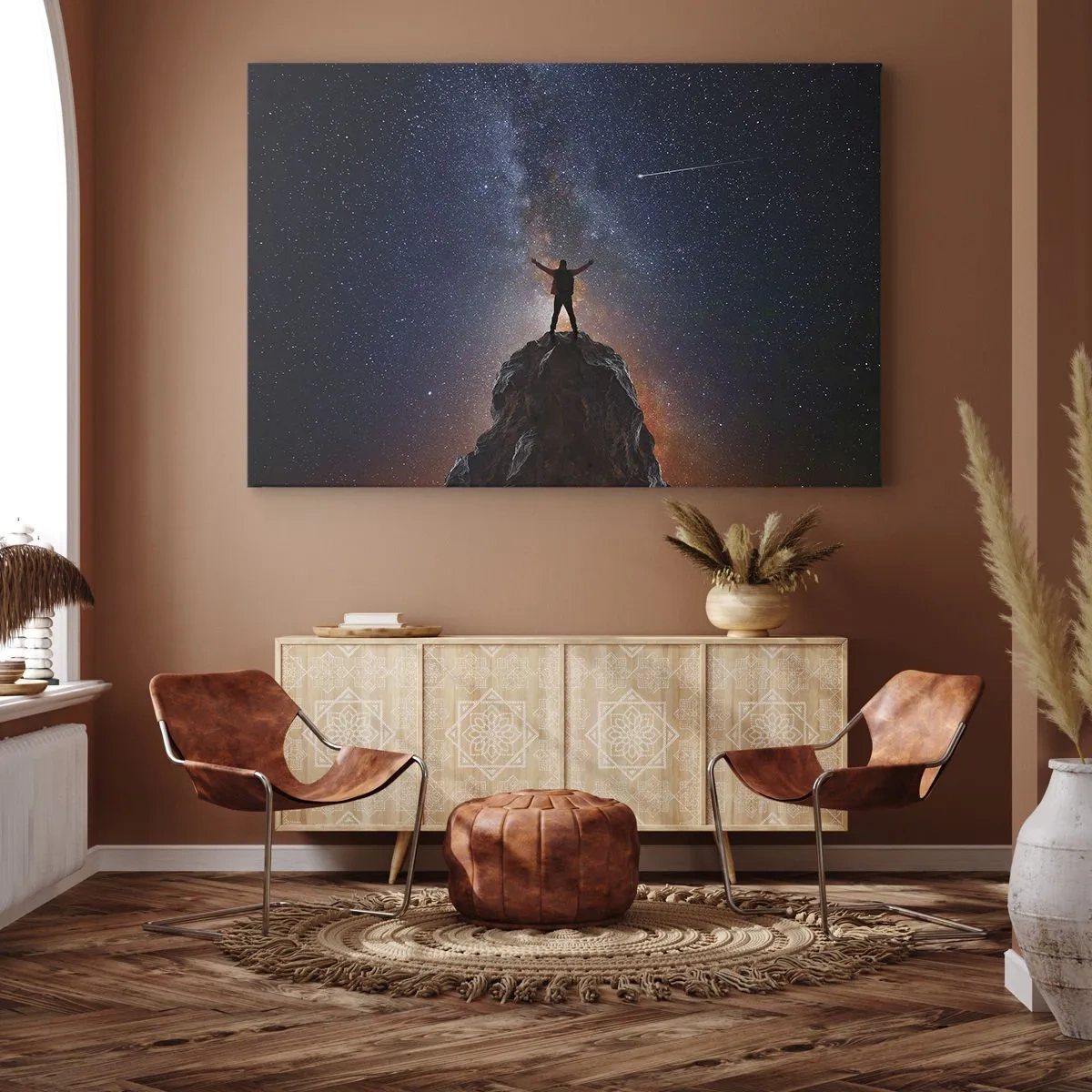 Obraz na plátně - Postava na vrcholu hory pod hvězdnou oblohou - 70x50cm - Síla je se mnou! - Moderní nástěnná dekorace do obývacího pokoje a ložnice ARTTOR