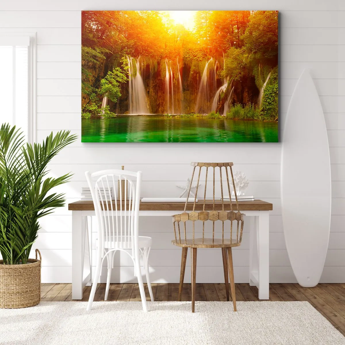 Obraz na plátně - Vodopády obklopené zelení v záři zapadajícího slunce - 70x50cm - Na sluncí a ve stínu - Moderní nástěnná dekorace do obývacího pokoje a ložnice ARTTOR