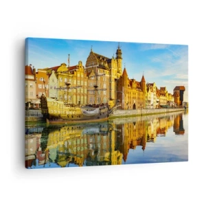 Obraz na plátně - Malebný výhled na staré město s plachetnicí a vodou - 70x50cm - Zrcadlový odraz minulosti - Moderní nástěnná dekorace do obývacího pokoje a ložnice ARTTOR